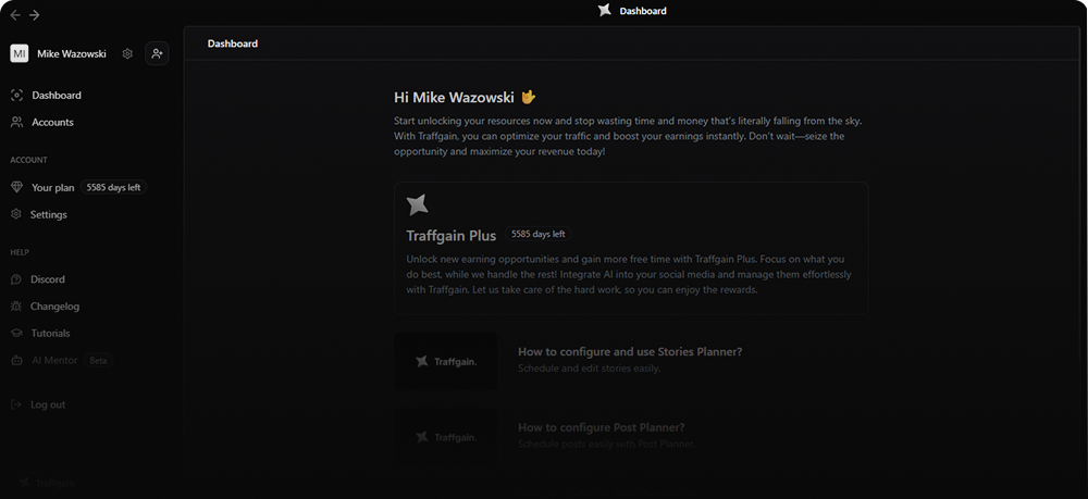 Traffgain app screen